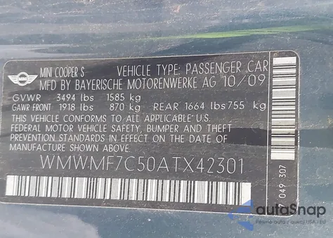 2010 Mini Cooper S from USA, damaged, VIN WMWMF7C50ATX42301